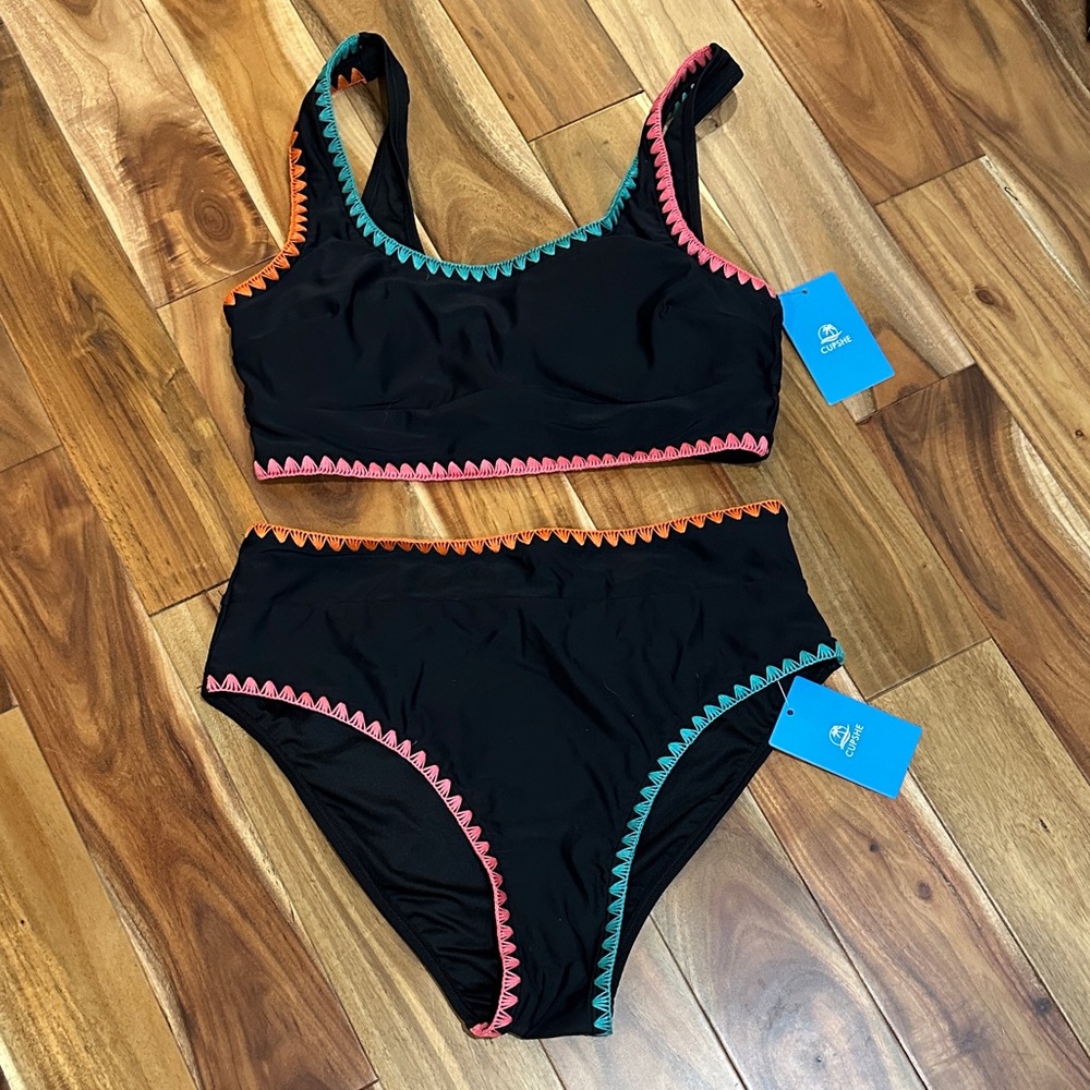 Cupshe Black Bikini with Pink and Green Accents